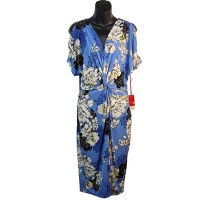 Jennifer Lopez Women's Blue Floral Cold Shoulder V-Neck Wrap Dress Sz M no tags